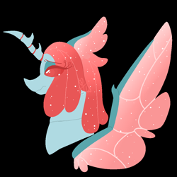 Size: 1000x1000 | Tagged: safe, artist:lepiswerid, ocellus, changedling, changeling, changeling queen, g4, black background, eyelashes, female, forked horn, horn, insect wings, marsverse, older, older ocellus, redesign, simple background, solo, sparkles, wings