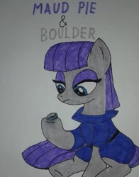 Size: 465x593 | Tagged: safe, artist:electric spark, boulder (g4), maud pie, earth pony, pony, g4, cute, female, frown, mare, maudabetes, rick, simple background, sitting, solo, traditional art, white background