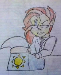 Size: 1000x1227 | Tagged: safe, artist:midday sun, oc, oc only, oc:midday sun, equestria girls, g4, clothes, glasses, gloves, lined paper, necktie, shirt, solo, traditional art, typewriter, typing, writing