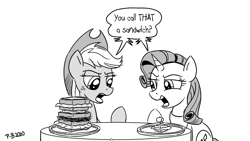 Size: 1200x675 | Tagged: safe, artist:pony-berserker, applejack, rarity, earth pony, pony, unicorn, pony-berserker's twitter sketches, g4, and then there's rarity, black and white, duo, female, food, grayscale, halftone, hors d'oeuvre, mare, monochrome, olive, sandwich, simple background, size comparison, size difference, size matters, sketch, speech bubble, white background