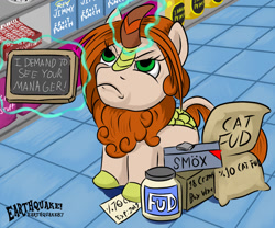 Size: 1160x963 | Tagged: dead source, safe, artist:earthquake87, oc, oc only, unnamed oc, kirin, alcohol, angry, cat food, chalkboard, coupon, expired, groceries, grocery store, jar, karen, karins, looking up, magic, matchbook, moments before disaster, not autumn blaze, pun, speak to the manager, telekinesis, text, this will end in fire, this will end in firing, this will end in lawsuits, this will end in nirik, this will end in rage, wine