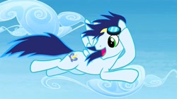 Size: 1280x720 | Tagged: safe, screencap, soarin', pegasus, pony, g4, rainbow falls, flying, goggles, male, open mouth, solo, stallion