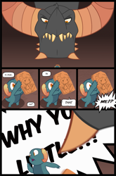 Size: 793x1199 | Tagged: safe, artist:queencold, dragon lord torch, oc, oc:basalt, dragon, g4, abuse, baby, baby dragon, baby torch, child abuse, chubby bubbles girl, comic, dragon oc, drawing, duo, father and child, father and son, male, meme, why you little, younger