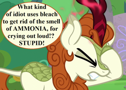 Size: 1008x720 | Tagged: safe, edit, edited screencap, editor:korora, screencap, autumn blaze, kirin, g4, sounds of silence, angry, chemistry, cropped, facehoof, female, implied moron, solo, speech, speech bubble, talking, this will end in nirik