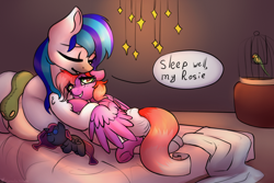 Size: 3000x2000 | Tagged: safe, artist:cornelia_nelson, oc, oc only, oc:hooklined, oc:rosebud, earth pony, pegasus, pony, age difference, cute, diaper, foal, high res, size difference, sleepy
