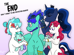 Size: 1600x1200 | Tagged: safe, artist:azulejo, princess luna, oc, oc:azelfu, oc:azucena, oc:dusky film, oc:prince lirio, oc:red fruit, oc:sweet film, alicorn, pegasus, pony, unicorn, g4, baby, baby pony, bad end, canon x oc, cheek kiss, children, foal, funny end, kissing, married, polygamy, reality ensues, shipping, text