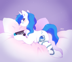 Size: 2000x1710 | Tagged: safe, artist:okity, oc, oc only, oc:mind, pony, unicorn, blushing, chest fluff, commission, cutie mark, female, glasses, lying on bed, mare, nintendo switch, rocket league, solo, tattoo, ych result