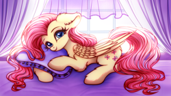 Size: 5000x2812 | Tagged: safe, artist:mite-lime, fluttershy, pegasus, pony, g4, blushing, chest fluff, curtains, cute, ear fluff, female, high res, leg fluff, looking at you, lying, mare, morning, pillow, prone, shyabetes, solo, wallpaper