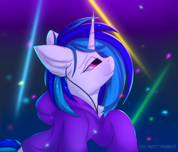 Size: 3500x3000 | Tagged: safe, artist:snowstormbat, dj pon-3, vinyl scratch, pony, unicorn, g4, chest fluff, clothes, ear fluff, female, headphones, high res, hoodie, looking up, mare, music, profile, smiling, solo