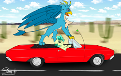 Size: 1993x1257 | Tagged: safe, artist:starrypallet, gallus, sandbar, earth pony, griffon, pony, g4, car, convertible, cute, desert, gallabetes, male, older, older gallus, older sandbar, size difference, tongue out