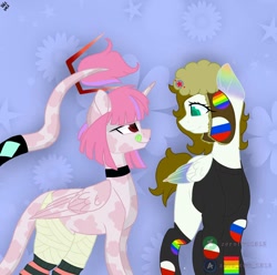 Size: 1200x1192 | Tagged: safe, artist:zerotwo1312, oc, oc only, alicorn, pegasus, pony, abstract background, alicorn oc, choker, clothes, duo, hat, horn, leonine tail, looking at each other, pegasus oc, smiling, watermark, wings
