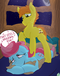 Size: 1580x2000 | Tagged: safe, artist:bloody--mascarade, carrot cake, cup cake, earth pony, pony, g4, back massage, bed, duo, female, fully shaded, husband and wife, love, male, mare, married couple, married couples doing married things, massage, meme, night, ship:carrot cup, shipping, speech bubble, stallion, straight, the cakes
