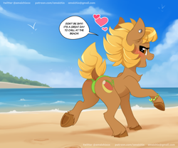 Size: 5304x4419 | Tagged: safe, artist:amaichix, oc, oc only, oc:beach ball, earth pony, pony, beach, blushing, butt, clothes, costume, dialogue, looking at you, plot
