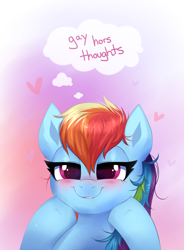 Size: 1250x1700 | Tagged: safe, artist:confetticakez, rainbow dash, pegasus, pony, g4, abstract background, blushing, cute, dashabetes, dialogue, female, head in hooves, implied lesbian, lidded eyes, lip bite, mare, solo, thinking, thought bubble