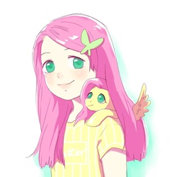Size: 1280x1280 | Tagged: safe, artist:chakanyuantu, fluttershy, human, pegasus, pony, g4, colored pupils, cute, duo, female, human ponidox, humanized, lips, looking at you, mare, self ponidox, shoulder pony, shyabetes, simple background, tiny, tiny ponies