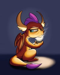 Size: 1280x1600 | Tagged: safe, artist:rocket-lawnchair, smolder, dragon, g4, angry, cute, dragoness, female, frown, grumpy, hot drink, sitting, smolderbetes, solo, tired