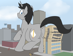 Size: 3756x2900 | Tagged: safe, artist:rapidstrike, oc, oc only, oc:greyline, pony, unicorn, building, butt, city, commission, destruction, giant pony, giant unicorn, high res, looking back, macro, male, micro, plot, solo focus
