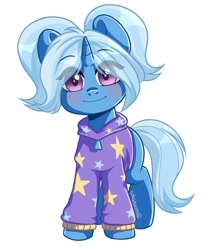 Size: 829x1000 | Tagged: safe, artist:cottonsweets, trixie, pony, unicorn, g4, alternate hairstyle, babysitter trixie, clothes, female, hoodie, pigtails, simple background, solo, twintails, white background