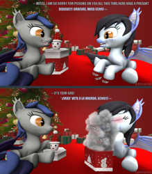Size: 1279x1458 | Tagged: safe, artist:batponyecho, oc, oc only, oc:echo, oc:mitzy, bat pony, pony, 3d, bat pony oc, bat wings, christmas, christmas lights, christmas tree, comic, duo, excited, female, happy, holiday, humor, joke, mare, onomatopoeia, pain, prank, present, smiling, smoke, sound effects, source filmmaker, spanish, spread wings, tail, tear gas, text, tree, wings
