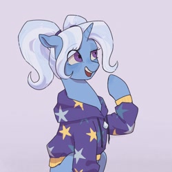 Size: 1472x1472 | Tagged: safe, artist:nodambol, trixie, pony, unicorn, g4, alternate hairstyle, babysitter trixie, clothes, female, hoodie, mare, pigtails, simple background, solo, twintails