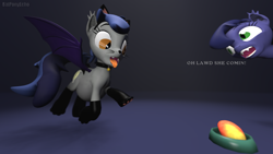 Size: 1280x720 | Tagged: safe, artist:batponyecho, oc, oc:echo, oc:halfmoon, bat pony, pony, 3d, bat pony oc, bat wings, behaving like a cat, bowl, chonk, chubby, cutie mark, duo, fat, female, food, huge, incoming, mango, mare, meme, oh lawd he comin, source filmmaker, spread wings, tail, text, that batpony sure does love mangoes, tongue out, wings