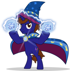 Size: 1280x1300 | Tagged: safe, artist:mlp-trailgrazer, oc, oc only, oc:xaldin wolfgang, pony, unicorn, bipedal, brooch, cape, cloak, clothes, glowing, hat, magic, male, simple background, solo, stallion, transparent background, wizard hat