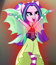 Size: 718x827 | Tagged: safe, screencap, aria blaze, equestria girls, g4, my little pony equestria girls: rainbow rocks, armpits, arms in the air, cropped, disguise, disguised siren, female, fin wings, gem, ponied up, siren gem, sleeveless, solo, wings
