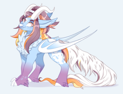 Size: 1500x1138 | Tagged: safe, artist:sararini, oc, oc only, oc:jenova, dracony, dragon, hybrid, pony, blue background, simple background, solo