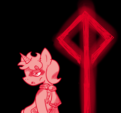 Size: 640x600 | Tagged: safe, artist:ficficponyfic, part of a set, oc, oc only, oc:antoine clovenheimer, pony, unicorn, cyoa:madness in mournthread, background of darkness, black background, collar, cyoa, dark around eyes, ears up, glowing runes, messy mane, monochrome, mystery, necktie, open mouth, part of a series, runes, simple background, story included, tense