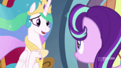 Size: 1280x720 | Tagged: safe, screencap, princess celestia, starlight glimmer, alicorn, pony, unicorn, g4, memories and more, my little pony: friendship is forever, 9now, animated, female, gif