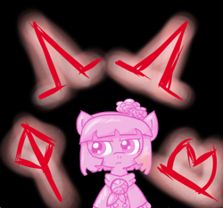 Size: 640x600 | Tagged: safe, artist:ficficponyfic, part of a set, oc, oc only, oc:mulberry telltale, cyoa:madness in mournthread, clothes, cyoa, flower, glowing runes, headband, mystery, neckerchief, part of a series, runes, shawl, story included, suspicious, wondering
