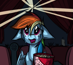 Size: 1131x1000 | Tagged: artist needed, safe, rainbow dash, pegasus, pony, g4, cinema, crying, female, floppy ears, food, movie theatre, open mouth, popcorn, solo, teary eyes