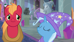 Size: 1920x1080 | Tagged: safe, screencap, big macintosh, trixie, earth pony, pony, unicorn, a horse shoe-in, g4, clothes, duo, eyes closed, female, hat, male, mare, stallion, trixie's hat
