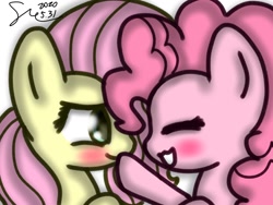 Size: 1080x810 | Tagged: safe, artist:starflashing twinkle, fluttershy, pinkie pie, earth pony, pegasus, pony, g4, blushing, boop, cute, female, lesbian, ship:flutterpie, shipping, simple background, smiling, white background