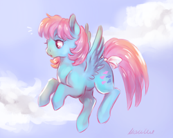 Size: 3000x2400 | Tagged: safe, artist:buttersprinkle, wind whistler, pegasus, pony, g1, g4, bow, cloud, female, flying, g1 to g4, generation leap, high res, open mouth, sky, solo, spread wings, tail bow, wings