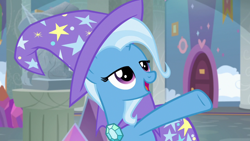 Size: 1920x1080 | Tagged: safe, screencap, trixie, pony, unicorn, a horse shoe-in, g4, cape, clothes, female, hat, mare, solo, trixie's cape, trixie's hat