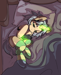 Size: 1500x1841 | Tagged: safe, artist:trickate, oc, oc only, oc:trickate, pony, unicorn, bed, butt freckles, cellphone, clothes, female, freckles, lying on bed, magic, mare, messy mane, phone, pillow, sketch, smartphone, socks, solo, striped socks