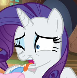 Size: 712x720 | Tagged: safe, edit, screencap, rarity, pony, g4, cropped, discovery family logo, female, licking the fourth wall, mirrored, solo, tongue out
