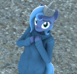 Size: 1116x1080 | Tagged: safe, artist:spinostud, princess luna, unicorn, anthro, moonstuck, 3d, cartographer's cap, clothes, female, filly, hat, looking at you, paper boat, solo, source filmmaker, sweater, woona, younger