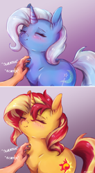 Size: 1128x2056 | Tagged: safe, artist:buttersprinkle, edit, sunset shimmer, trixie, human, pony, unicorn, g4, abstract background, bacon hair, behaving like a cat, blushing, cheek fluff, chest fluff, cute, diatrixes, disembodied hand, ear fluff, eyelashes, eyes closed, female, fluffy, food, gradient background, gray background, hand, mare, neck fluff, offscreen character, offscreen human, onomatopoeia, purring, scratching, shimmerbetes, simple background, smiling, solo focus, sound effects, wavy mouth, weapons-grade cute