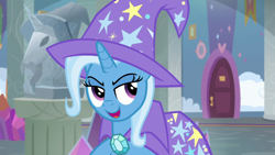 Size: 1920x1080 | Tagged: safe, screencap, trixie, pony, unicorn, a horse shoe-in, cape, clothes, female, gem, hat, lidded eyes, mare, open mouth, school of friendship, solo, trixie's cape, trixie's hat