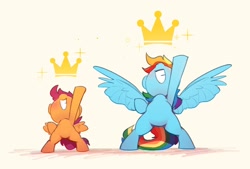 Size: 1624x1096 | Tagged: safe, artist:luciferamon, rainbow dash, scootaloo, pegasus, pony, g4, bipedal, crown, cute, cutealoo, dashabetes, duo, female, filly, jewelry, mare, nose in the air, pose, smiling