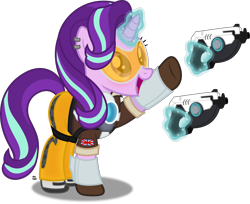 Size: 2712x2210 | Tagged: safe, artist:anime-equestria, starlight glimmer, pony, unicorn, g4, clothes, cosplay, costume, crossover, ear piercing, goggles, gun, handgun, happy, high res, horn, levitation, magic, overwatch, piercing, pistol, simple background, solo, telekinesis, tracer, transparent background, union jack, vector, weapon