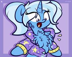 Size: 3250x2560 | Tagged: safe, artist:php142, trixie, pony, unicorn, alternate hairstyle, babysitter trixie, chest fluff, clothes, cute, diatrixes, female, fluffy, gameloft interpretation, high res, hoodie, impossibly large chest fluff, mare, open mouth, pigtails, ponytail, shocked, solo, sweat