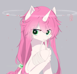 Size: 1350x1300 | Tagged: safe, artist:heddopen, oc, oc only, pony, unicorn, bandage, chest fluff, crystal, crystal eyes, female, looking at you