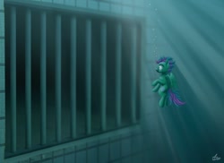 Size: 680x496 | Tagged: oc name needed, safe, artist:luminousdazzle, oc, oc only, pegasus, pony, bubble, darkness, female, lighting, mare, solo, stunned, submechanophobia, swimming pool, underwater, vents