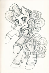 Size: 800x1188 | Tagged: safe, artist:maytee, pinkie pie, earth pony, pony, g4, bipedal, cap, clothes, female, grayscale, hat, hoodie, jacket, monochrome, pants, pencil drawing, rearing, solo, traditional art