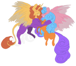 Size: 1280x1120 | Tagged: safe, artist:grimmjawls, oc, oc only, oc:aspen, oc:bella pinksavage, alicorn, pegasus, pony, alicorn oc, bodysuit, catsuit, eyes closed, female, flying, hippie, horn, jewelry, necklace, peace suit, peace symbol, pegasus oc, sibling love, siblings, simple background, sisterly love, sisters, smiling, transparent background, wings