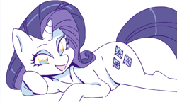 Size: 721x415 | Tagged: dead source, safe, artist:chapaghettii, rarity, pony, unicorn, g4, cute, female, looking at you, mare, open mouth, prone, raribetes, simple background, smiling, solo, white background