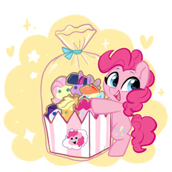 Size: 1200x1200 | Tagged: safe, artist:oofycolorful, applejack, fluttershy, pinkie pie, rainbow dash, rarity, twilight sparkle, pony, g4, bag, bipedal, chibi, cute, diapinkes, heart, mane six, open mouth, smiling, solo, stars, ych example, your character here